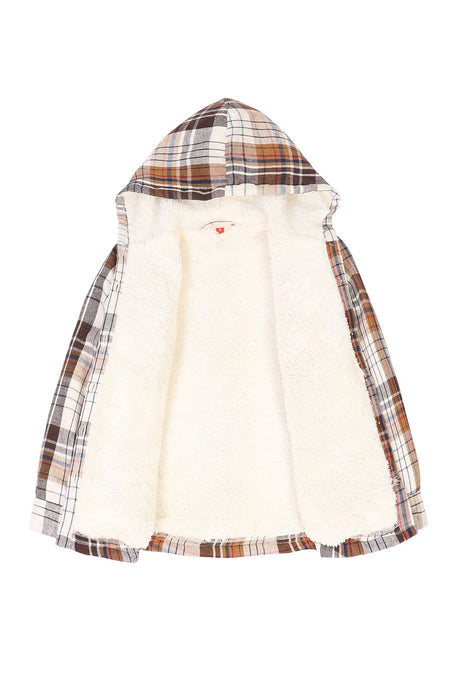 Girls khaki plaid flannel jacket with sherpa lining detail