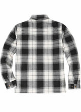 Back view of midnight snowfall men's full zip up plaid flannel jacket with fleece lining