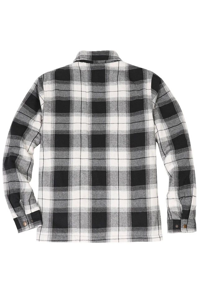 Back view of midnight snowfall men's full zip up plaid flannel jacket with fleece lining