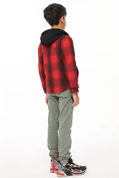 The back of a boy in a red black toddler full zip flannel hoodie