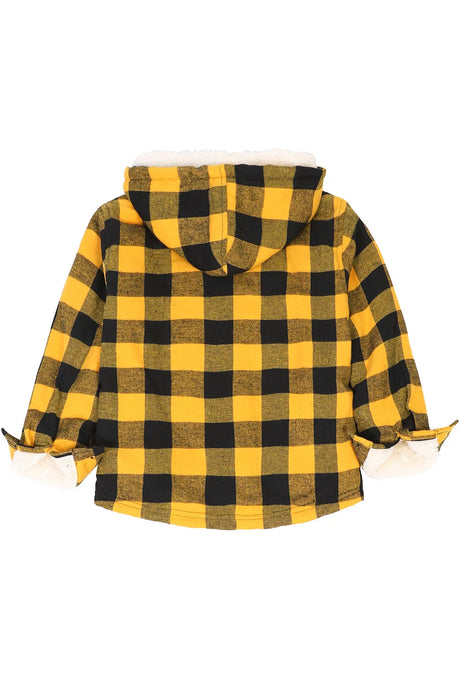 Back view of kids yellow black plaid flannel shirt jacket with hood