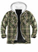 Front view of light green men's sherpa lined plaid flannel shacket 