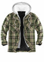 Front view of light green men's sherpa lined plaid flannel shacket 