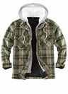 Front view of light green men's sherpa lined plaid flannel shacket 