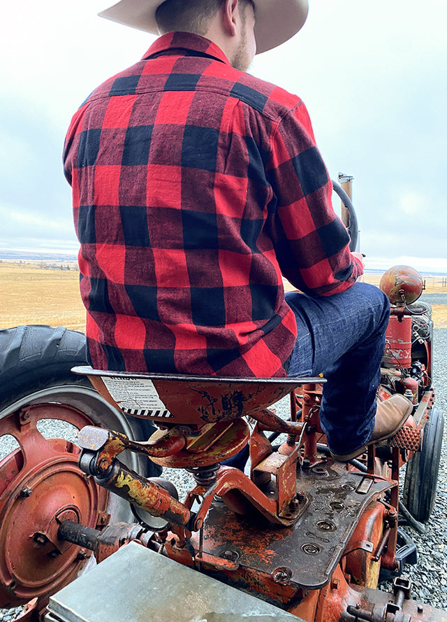 Back view of a man in a red buffalo plaid stalwart heavyweight flannel shirt for men