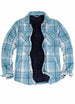 Front view of sky blue men's soft snap button flannel checked jacket