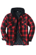 Front view of red men's thicken plaid hooded flannel shirt jacket