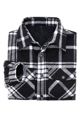 High view of folded black white men's thick flannel plaid shacket