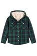 Front view of kids black watch plaid flannel shirt jacket buttoned