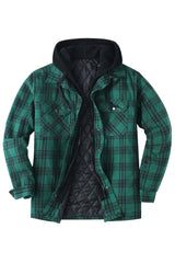 Front view of green men's thicken plaid hooded flannel shirt jacket