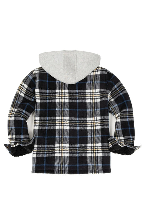 Back view of kids navy white sherpa lined warm fleece plaid jacket