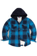 Front view of ocean blue toddler sherpa lined snap flannel hoodie