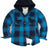 Front view of kids fleece-lined ocean blue flannel jacket