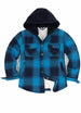 Front view of kids fleece-lined ocean blue flannel jacket