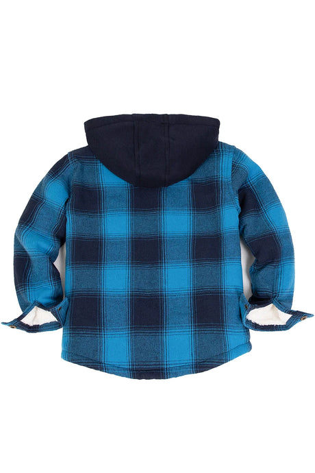 Back view of ocean blue toddler sherpa lined snap flannel plaid hoodie