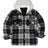 Front view of kids navy white sherpa lined warm fleece plaid jacket