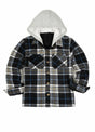 Front view of kids navy white sherpa lined warm fleece plaid jacket