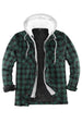 Front view of green black men's sherpa lined flannel shacket 