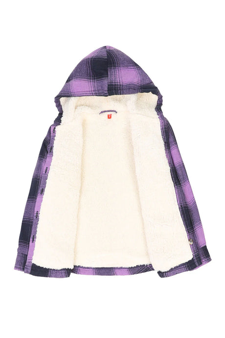 Detailed view of girls purple flannel jacket with sherpa lining 