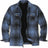 Front view of deep blue men's fleece lined flannel plaid shirt jacket