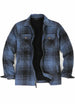 Front view of deep blue men's fleece lined flannel plaid shirt jacket