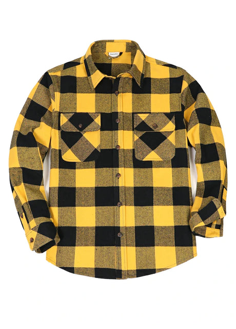 Front view of button closed yellow black men's stalwart heavyweight flannel shirt