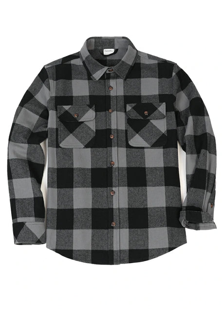 Front view of button closed gray men's cozy stalwart heavyweight flannel shirt