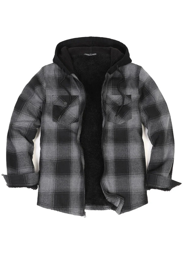 Men's Sherpa Lined Full Zip Up Plaid Flannel Hooded Jacket