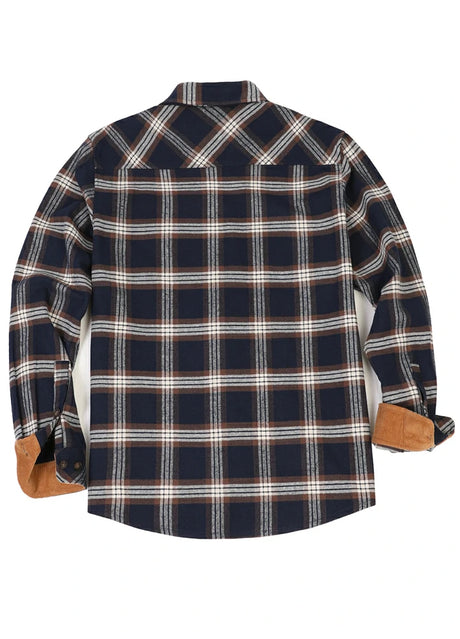 Back view of navy coffee men's timberline midweight cotton flannel shirt 