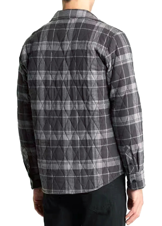 The back of a man in a charcoal haze snap front plaid shaket for men 