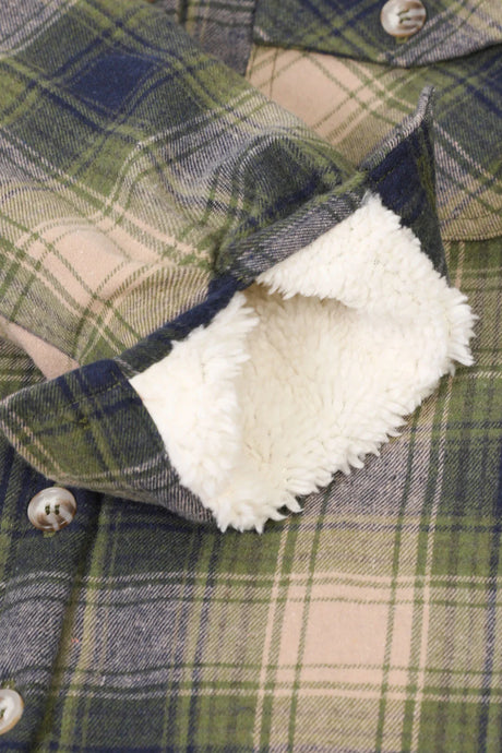 Zoomed-in view of the interior cuffs on girls tea green flannel jacket