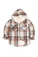 Front view of girls khaki hooded flannel shirt jacket