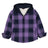 Front view of kids purple sherpa lined hooded flannel jacket