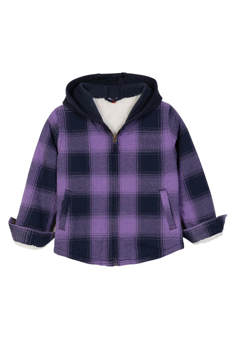 Front view of kids purple sherpa lined hooded flannel jacket