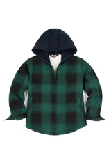 Front view of green toddler full zip plaid flannel hooded