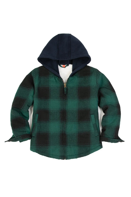 Front view of kids green warm sherpa-lined flannel jacket