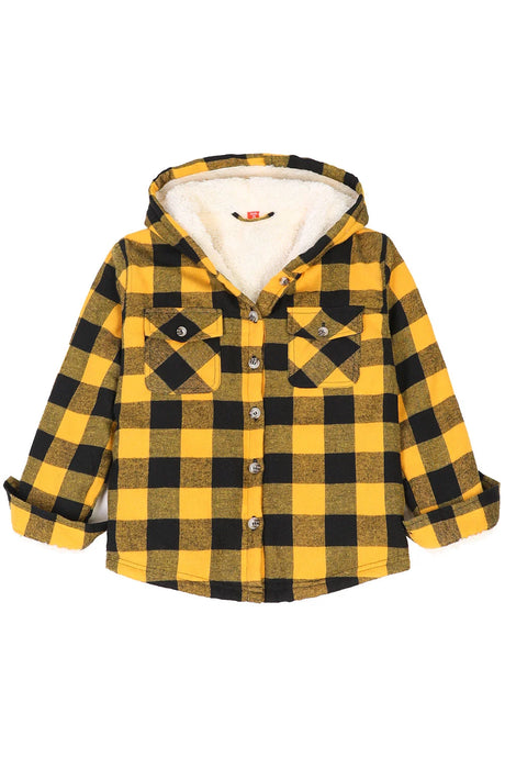 Front view of kids yellow black hooded flannel shirt jacket