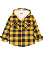 Front view of girls yellow black hooded flannel shirt jacket