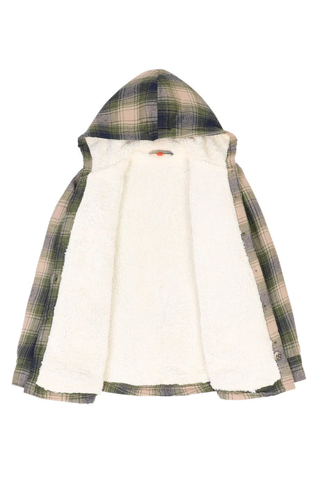 Detail of girls tea green flannel jacket with cozy sherpa lining