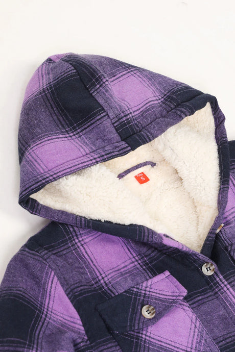 Zoomed-in view of hood on a girls purple flannel shirt jacket 