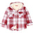 Front view of girls red hooded plaid flannel shirt jacket