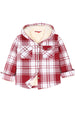 Front view of girls red hooded plaid flannel shirt jacket