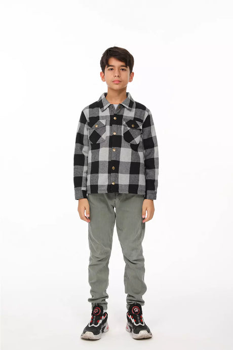 A little boy in checkered grey flannel shacket