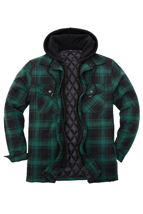 Front view of forest green men's warm thicken plaid hooded flannel shirt jacket