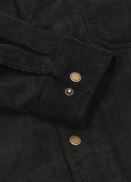 Zoomed-in view of black men's corduroy shirt jacket with snap button