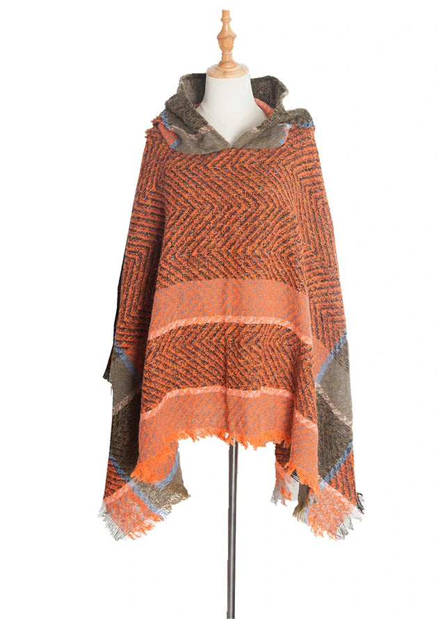 Women's Herringbone Striped Pattern Hooded Poncho