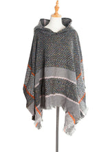 Women's Herringbone Striped Pattern Hooded Poncho