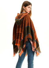 Women's Herringbone Striped Pattern Hooded Poncho