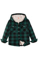 Front view of kids hooded sherpa lined shirt jacket for cold weather