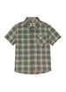 Front view of kids green gray plaid short sleeve shirt